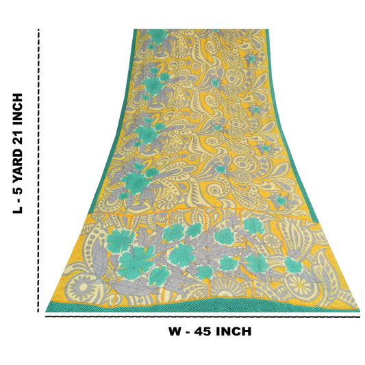 Sanskriti Vintage Sarees Yellow Pure Crepe Silk Printed Sari 5+yd Craft Sustainable Fabric