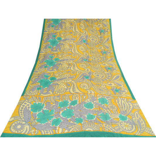 Sanskriti Vintage Sarees Yellow Pure Crepe Silk Printed Sari 5+yd Craft Sustainable Fabric