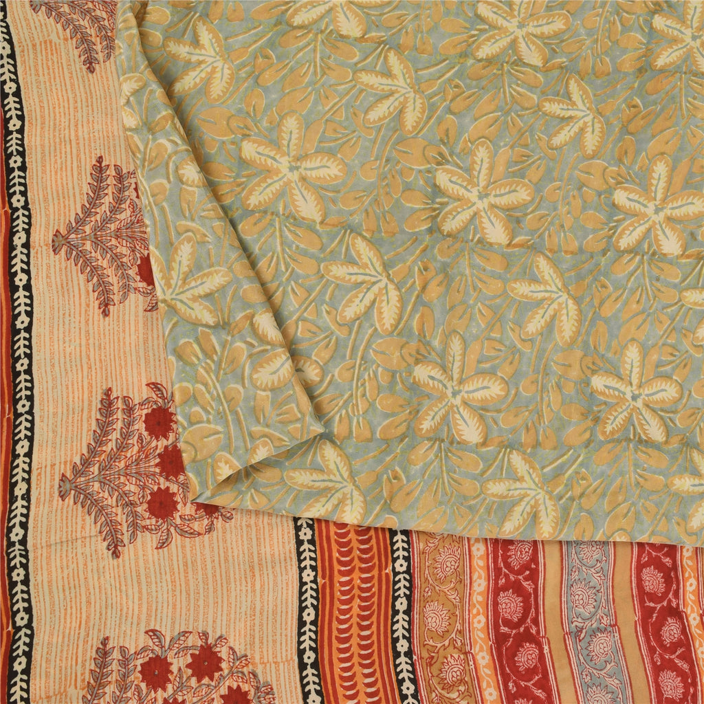 Sanskriti Vintage Sarees Gray Hand Block Print Pure Crepe Sari 5+yd Craft Sustainable Fabric