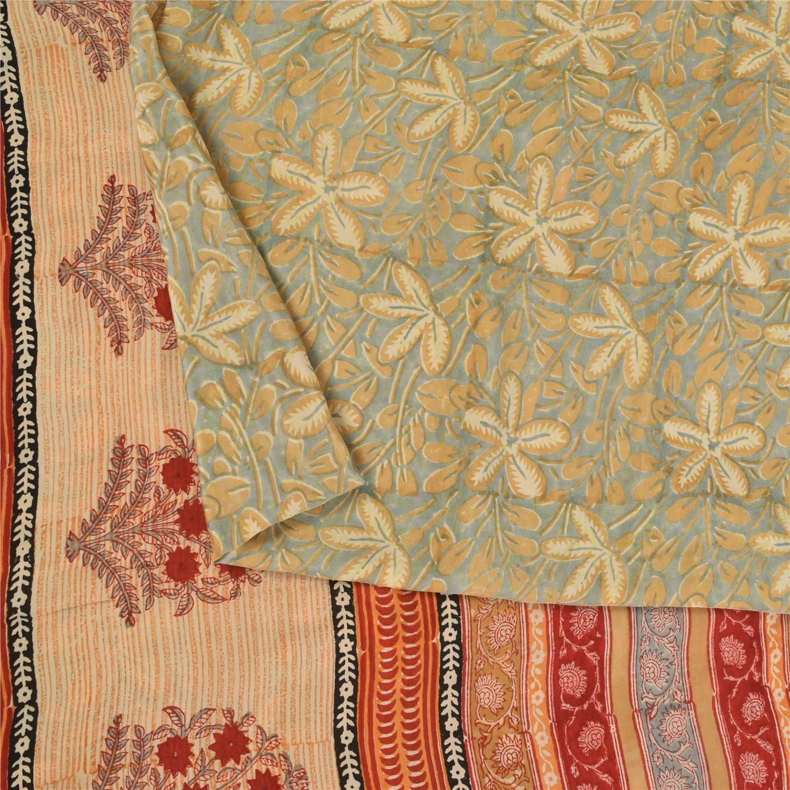 Sanskriti Vintage Sarees Gray Hand Block Print Pure Crepe Sari 5+yd Craft Sustainable Fabric