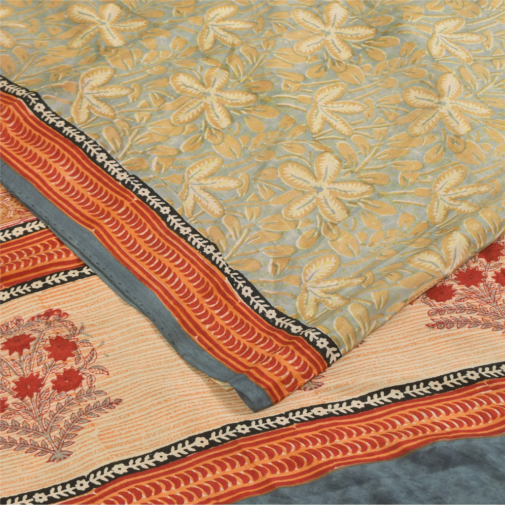 Sanskriti Vintage Sarees Gray Hand Block Print Pure Crepe Sari 5+yd Craft Sustainable Fabric