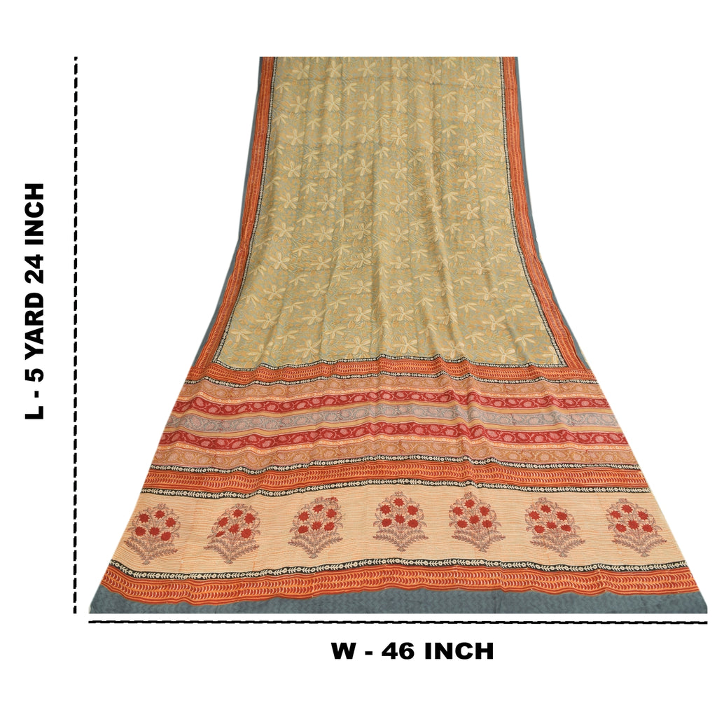 Sanskriti Vintage Sarees Gray Hand Block Print Pure Crepe Sari 5+yd Craft Sustainable Fabric