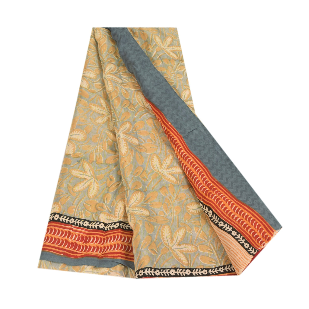 Sanskriti Vintage Sarees Gray Hand Block Print Pure Crepe Sari 5+yd Craft Sustainable Fabric