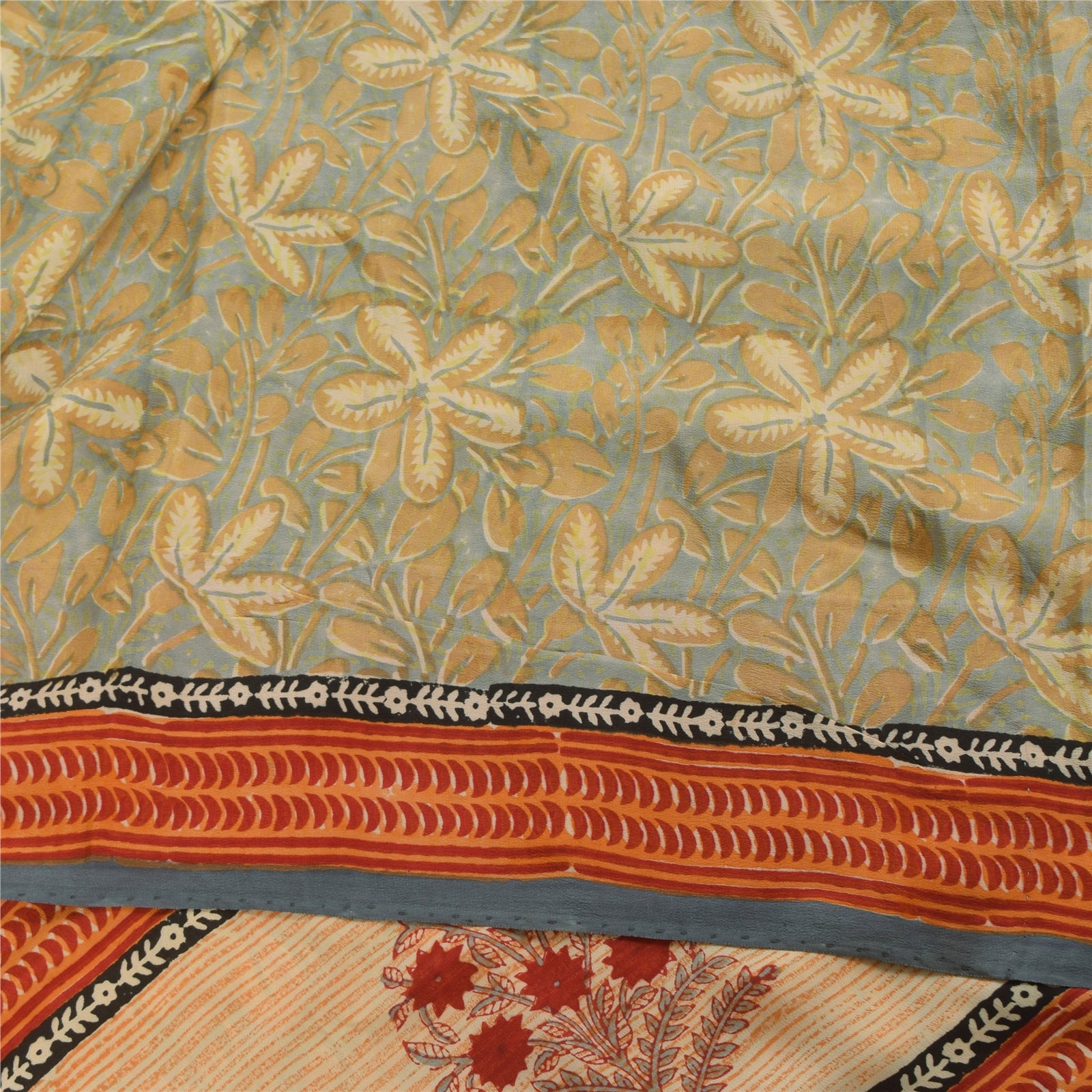 Sanskriti Vintage Sarees Gray Hand Block Print Pure Crepe Sari 5+yd Craft Sustainable Fabric