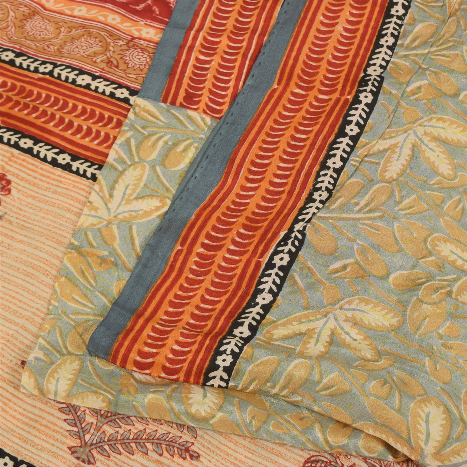 Sanskriti Vintage Sarees Gray Hand Block Print Pure Crepe Sari 5+yd Craft Sustainable Fabric