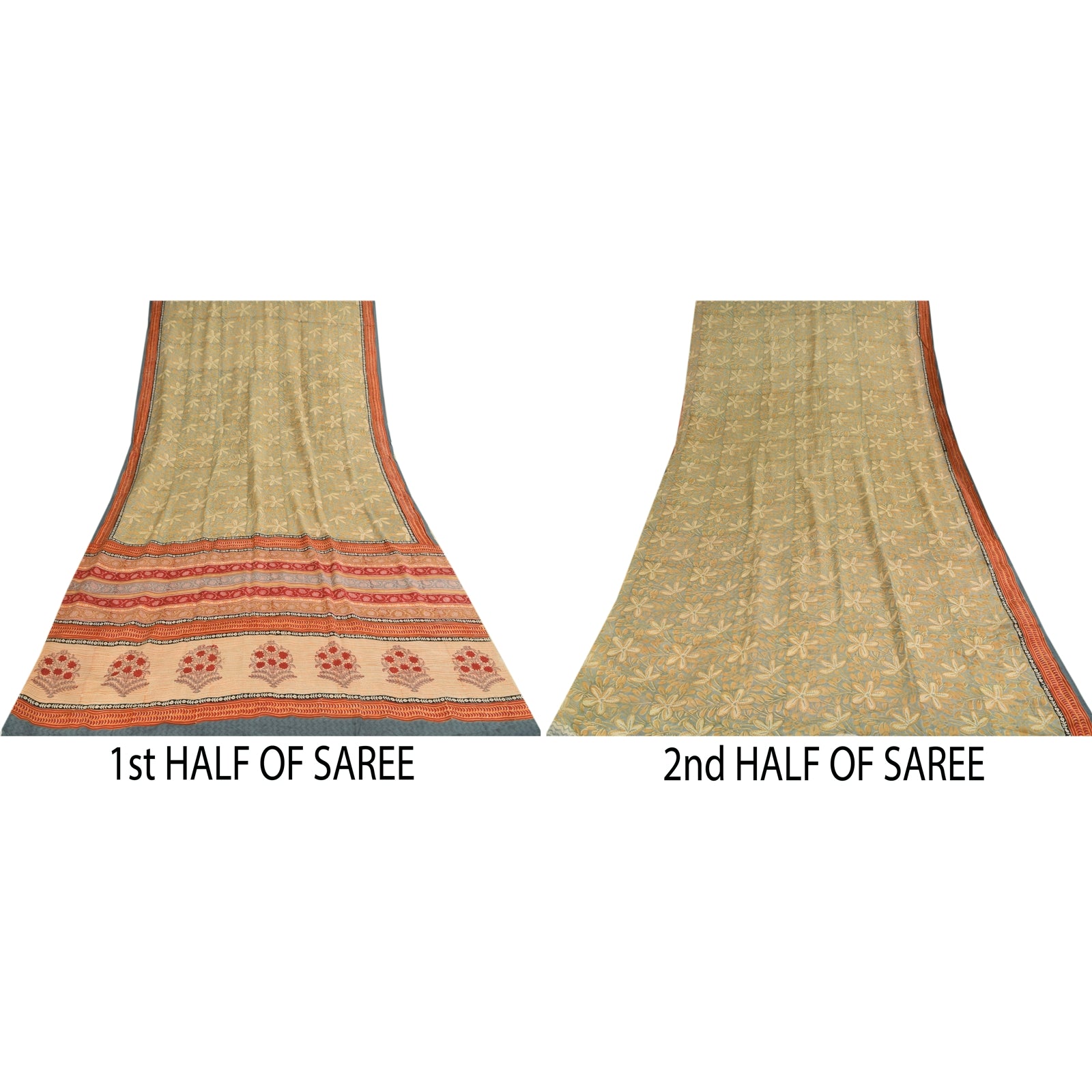 Sanskriti Vintage Sarees Gray Hand Block Print Pure Crepe Sari 5+yd Craft Sustainable Fabric