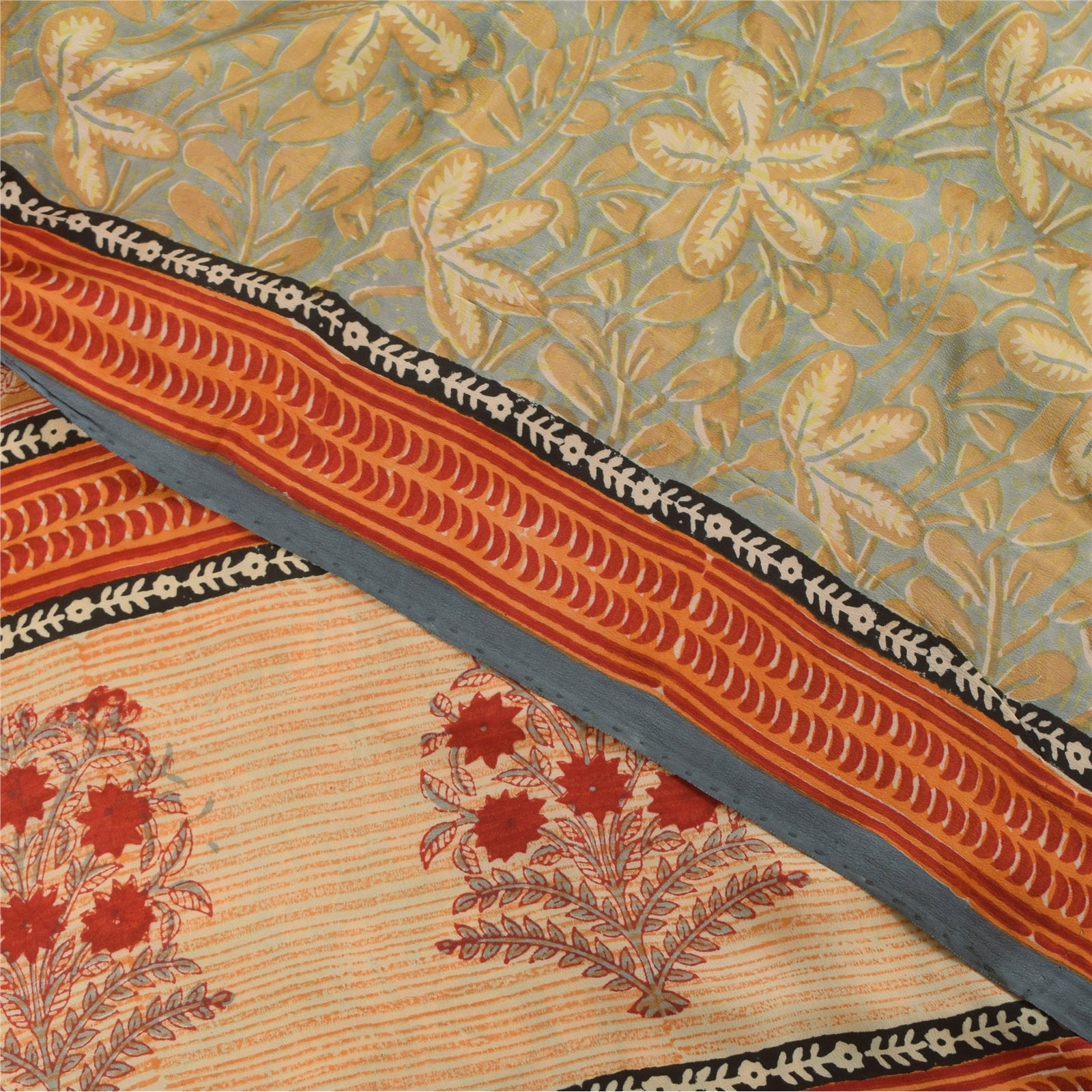 Sanskriti Vintage Sarees Gray Hand Block Print Pure Crepe Sari 5+yd Craft Sustainable Fabric