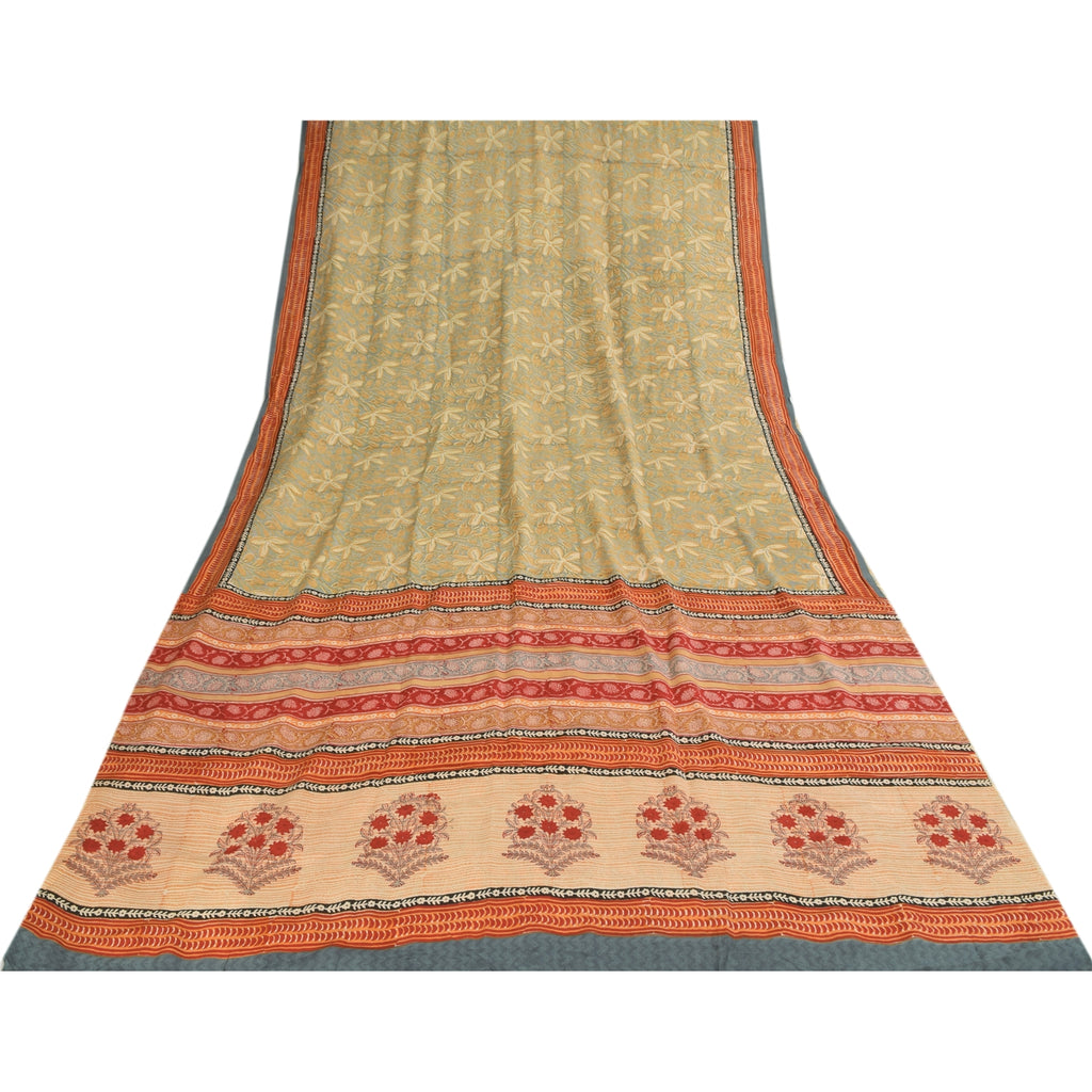 Sanskriti Vintage Sarees Gray Hand Block Print Pure Crepe Sari 5+yd Craft Sustainable Fabric