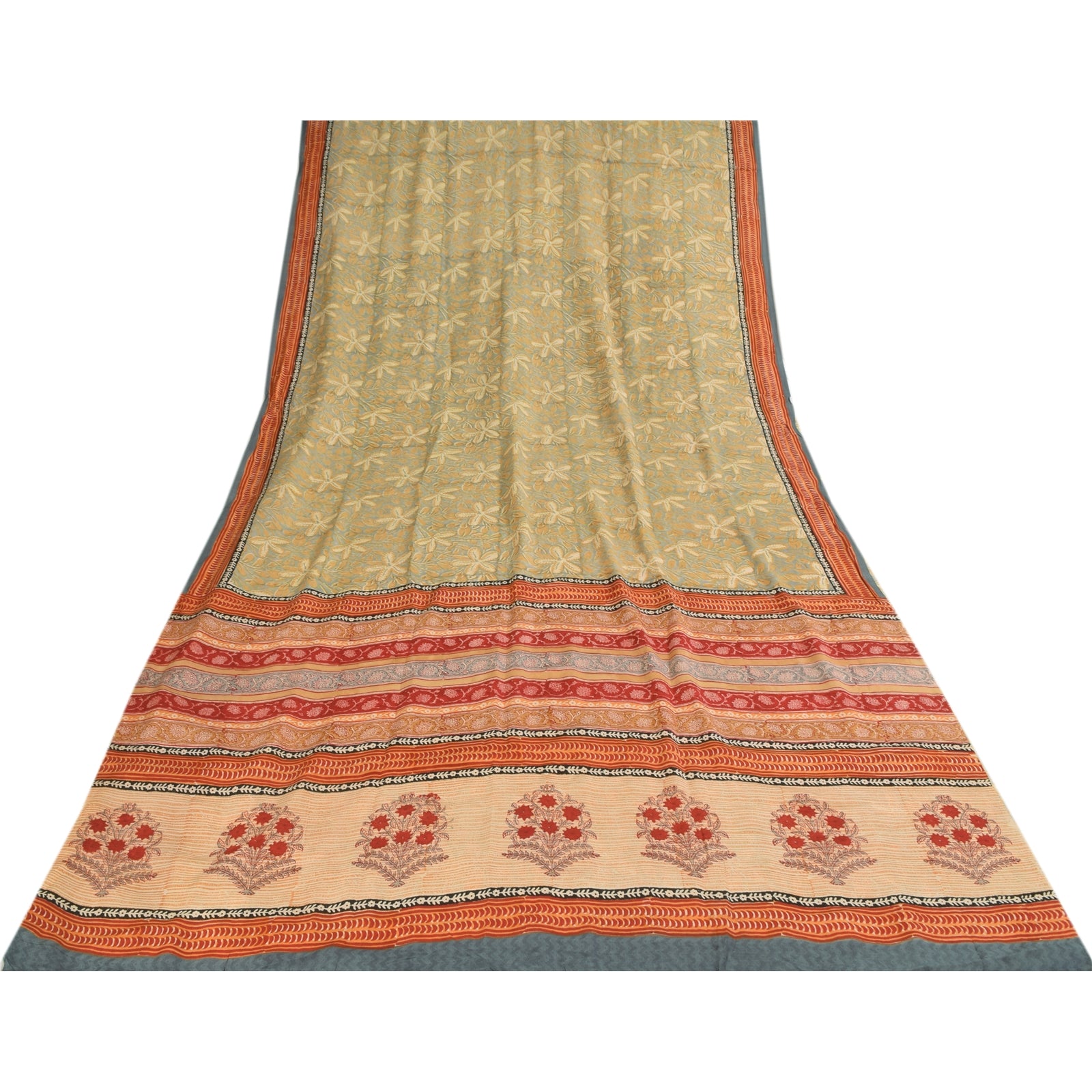 Sanskriti Vintage Sarees Gray Hand Block Print Pure Crepe Sari 5+yd Craft Sustainable Fabric