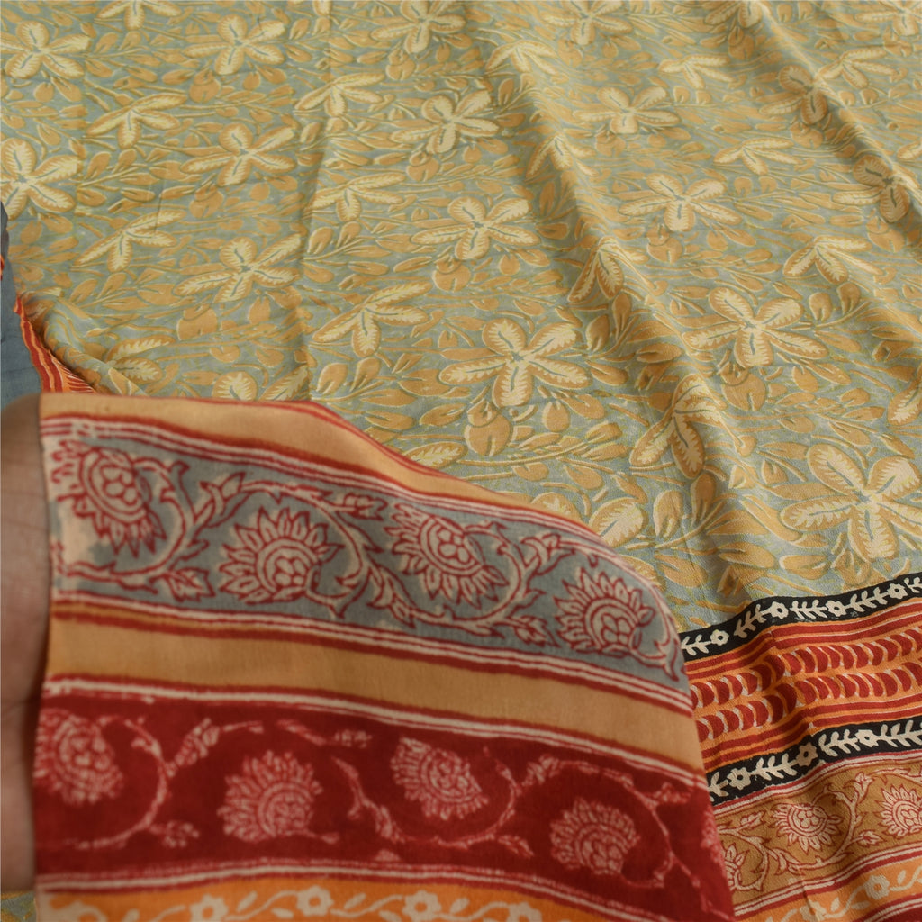 Sanskriti Vintage Sarees Gray Hand Block Print Pure Crepe Sari 5+yd Craft Sustainable Fabric