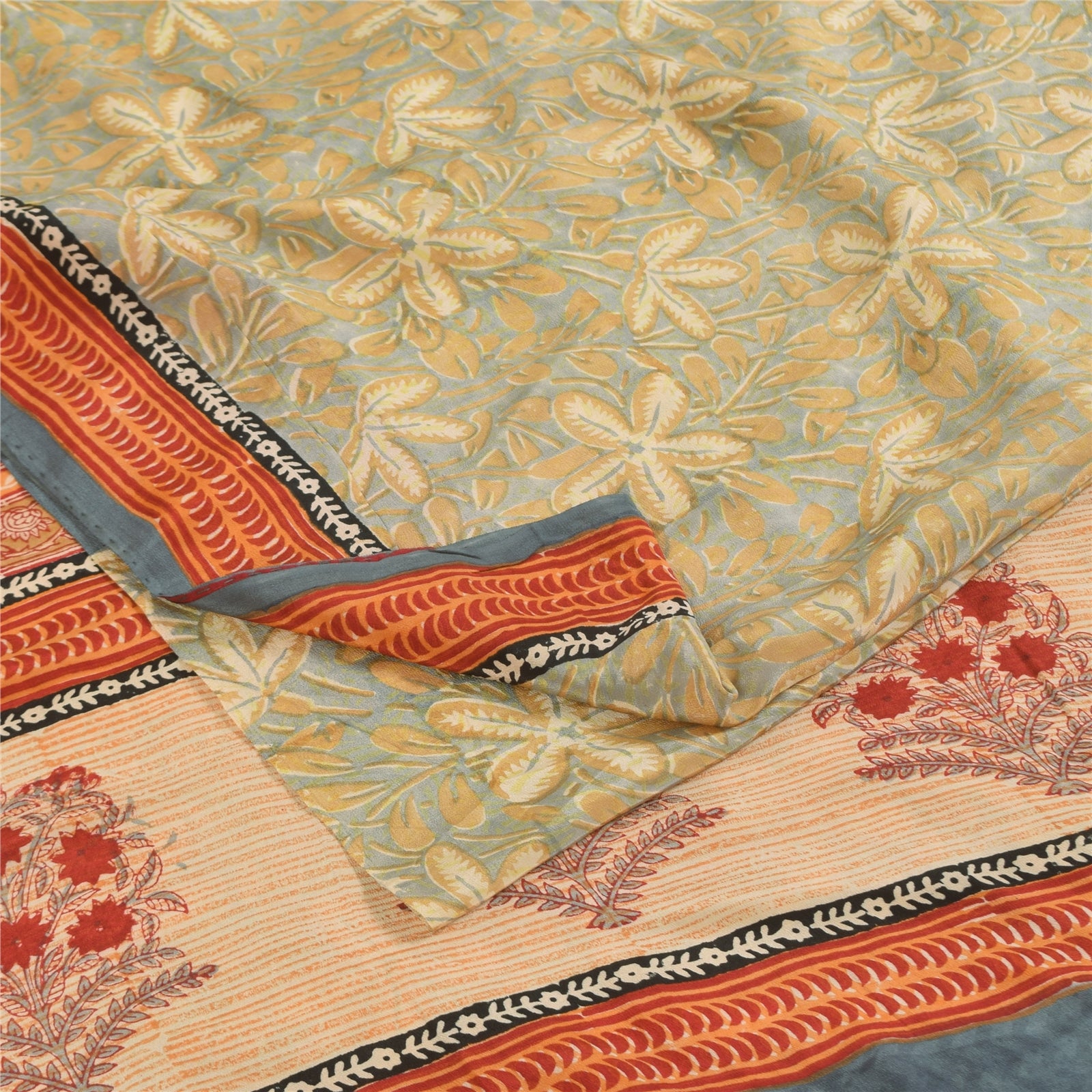 Sanskriti Vintage Sarees Gray Hand Block Print Pure Crepe Sari 5+yd Craft Sustainable Fabric