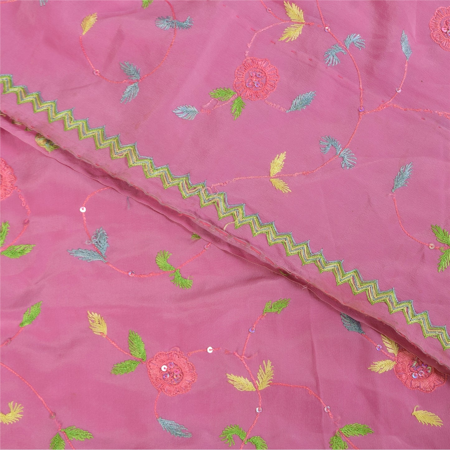 Sanskriti Vintage Sarees Pink Hand Beaded Suzani 100%Pure Crepe Sari 5+yd Sustainable Fabric