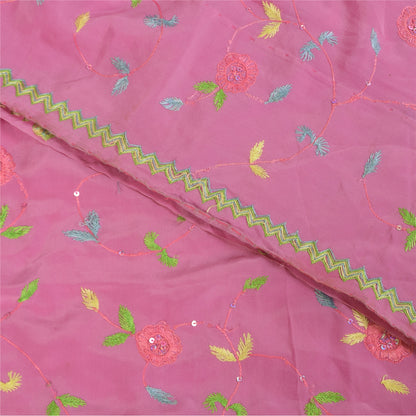 Sanskriti Vintage Sarees Pink Hand Beaded Suzani 100%Pure Crepe Sari 5+yd Sustainable Fabric
