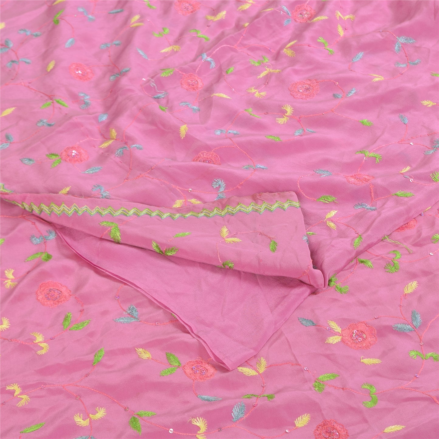 Sanskriti Vintage Sarees Pink Hand Beaded Suzani 100%Pure Crepe Sari 5+yd Sustainable Fabric