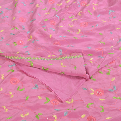 Sanskriti Vintage Sarees Pink Hand Beaded Suzani 100%Pure Crepe Sari 5+yd Sustainable Fabric
