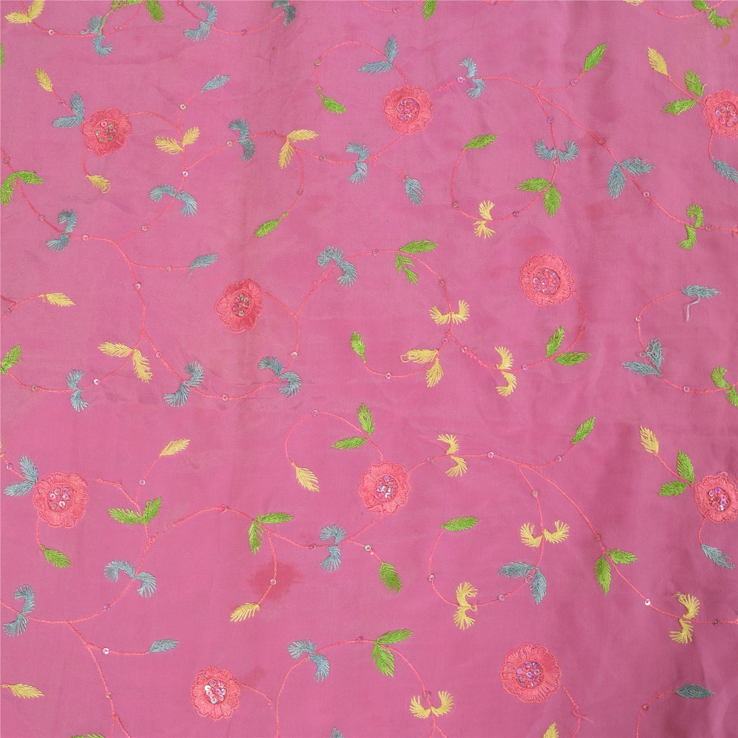 Sanskriti Vintage Sarees Pink Hand Beaded Suzani 100%Pure Crepe Sari 5+yd Sustainable Fabric