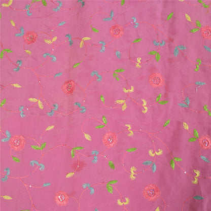 Sanskriti Vintage Sarees Pink Hand Beaded Suzani 100%Pure Crepe Sari 5+yd Sustainable Fabric