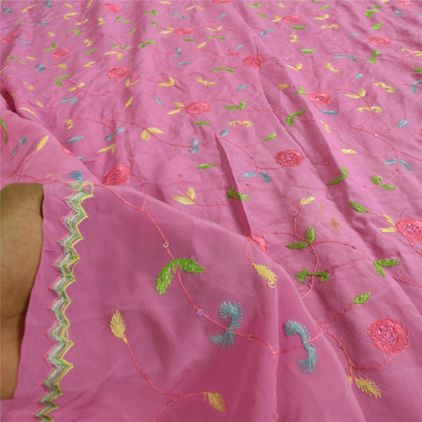 Sanskriti Vintage Sarees Pink Hand Beaded Suzani 100%Pure Crepe Sari 5+yd Sustainable Fabric