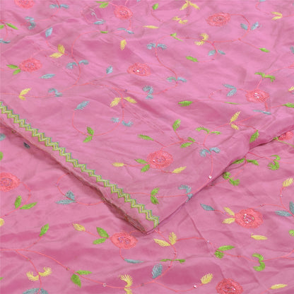 Sanskriti Vintage Sarees Pink Hand Beaded Suzani 100%Pure Crepe Sari 5+yd Sustainable Fabric