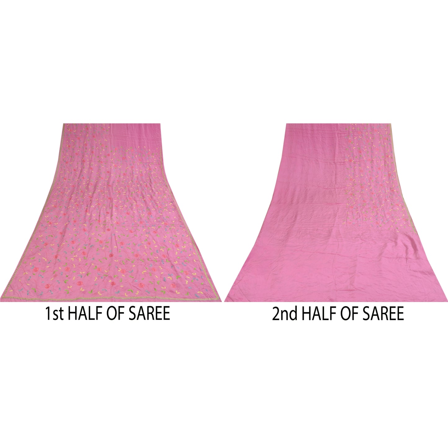 Sanskriti Vintage Sarees Pink Hand Beaded Suzani 100%Pure Crepe Sari 5+yd Sustainable Fabric