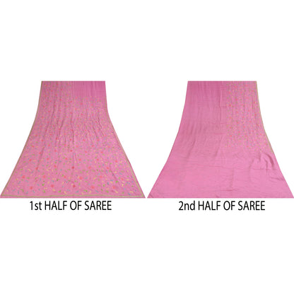 Sanskriti Vintage Sarees Pink Hand Beaded Suzani 100%Pure Crepe Sari 5+yd Sustainable Fabric
