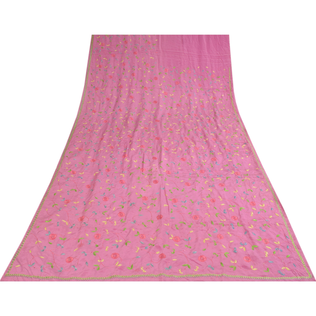 Sanskriti Vintage Sarees Pink Hand Beaded Suzani 100%Pure Crepe Sari 5+yd Sustainable Fabric