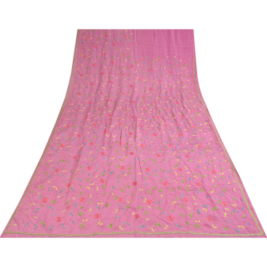 Sanskriti Vintage Sarees Pink Hand Beaded Suzani 100%Pure Crepe Sari 5+yd Sustainable Fabric