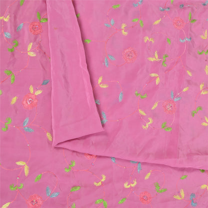 Sanskriti Vintage Sarees Pink Hand Beaded Suzani 100%Pure Crepe Sari 5+yd Sustainable Fabric