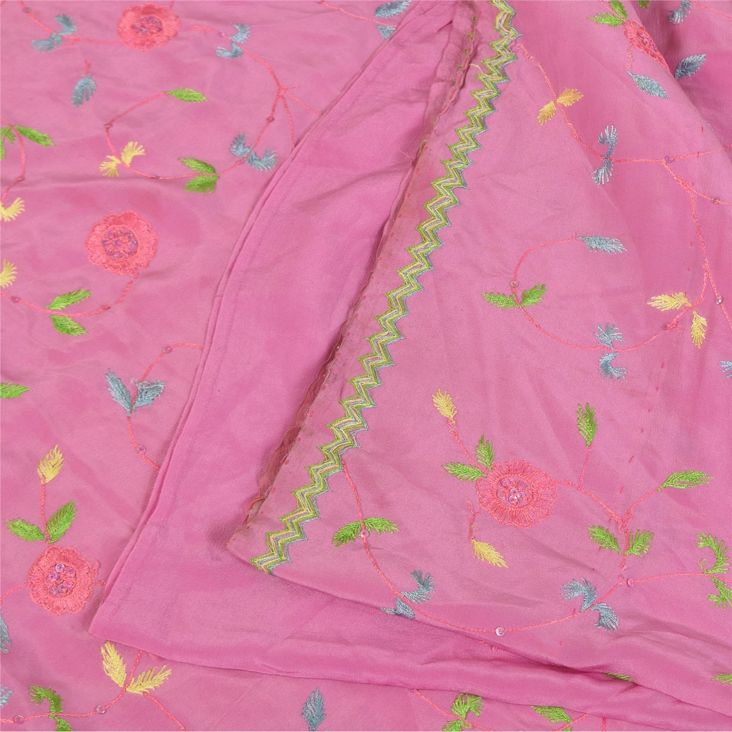 Sanskriti Vintage Sarees Pink Hand Beaded Suzani 100%Pure Crepe Sari 5+yd Sustainable Fabric
