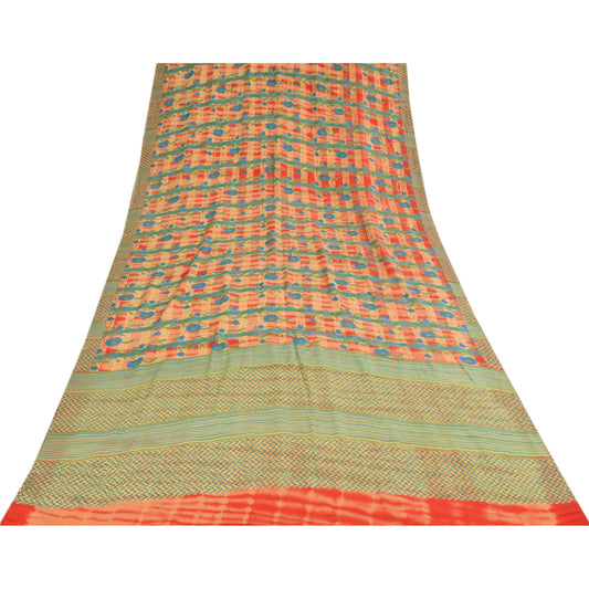 Sanskriti Vintage Sarees Multicolor Pure Crepe Silk Print Sari 5+yd Craft Sustainable Fabric