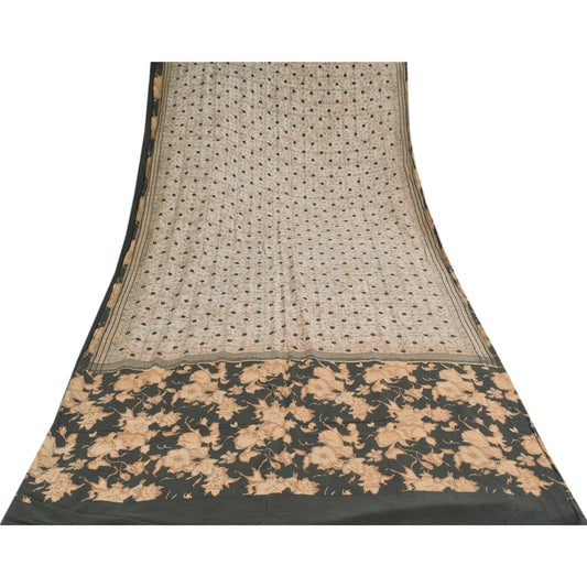 Sanskriti Vintage Sarees Ivory Pure Crepe Silk Printed Sari 5+yd Craft Sustainable Fabric