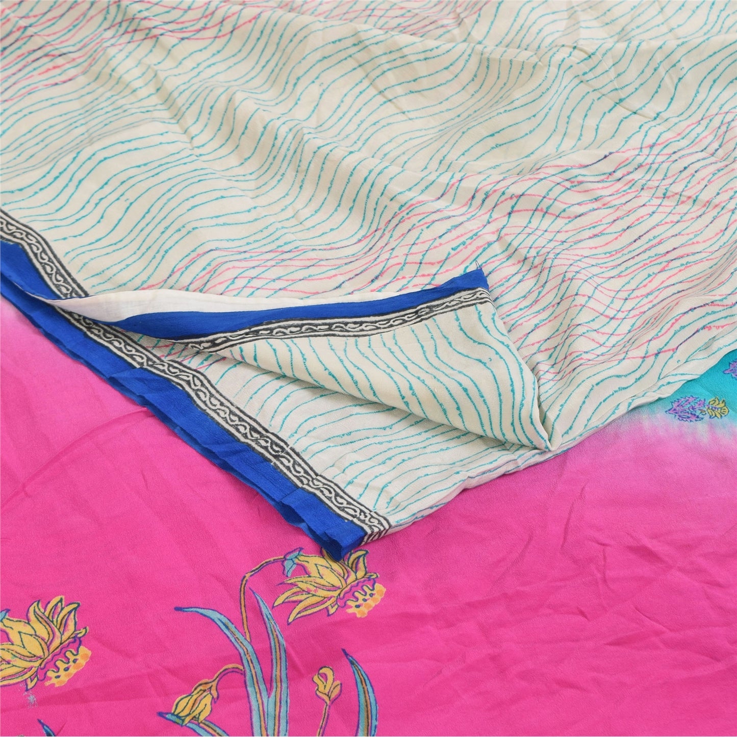 Sanskriti Vintage Sarees Ivory Pure Crepe Silk Printed Sari 5+yd Craft Sustainable Fabric