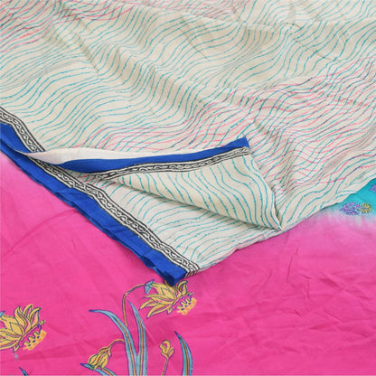 Sanskriti Vintage Sarees Ivory Pure Crepe Silk Printed Sari 5+yd Craft Sustainable Fabric