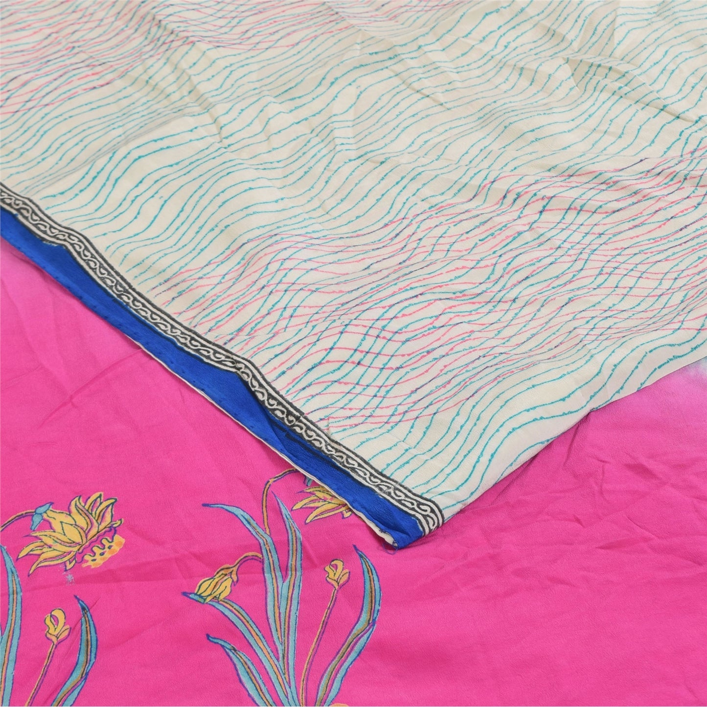 Sanskriti Vintage Sarees Ivory Pure Crepe Silk Printed Sari 5+yd Craft Sustainable Fabric