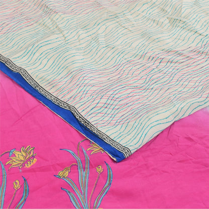 Sanskriti Vintage Sarees Ivory Pure Crepe Silk Printed Sari 5+yd Craft Sustainable Fabric