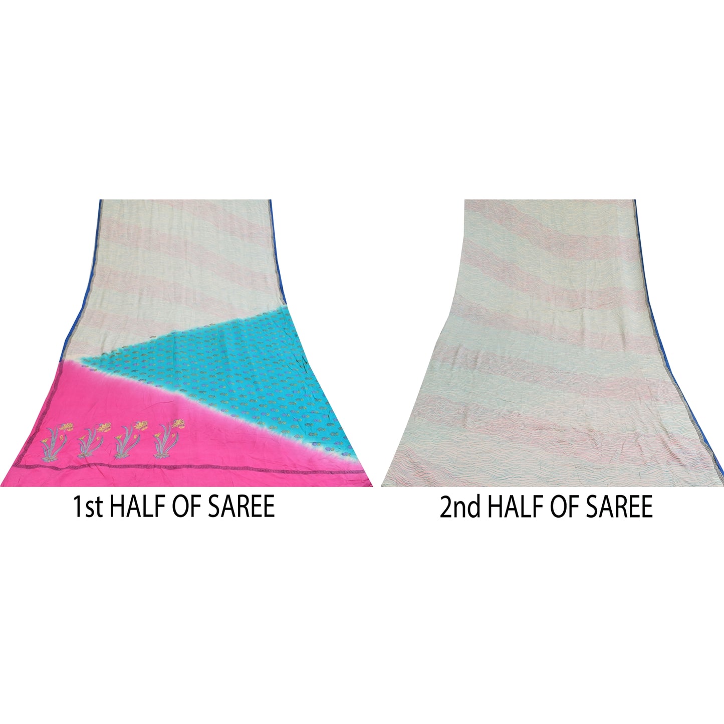 Sanskriti Vintage Sarees Ivory Pure Crepe Silk Printed Sari 5+yd Craft Sustainable Fabric