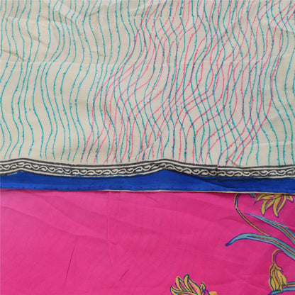 Sanskriti Vintage Sarees Ivory Pure Crepe Silk Printed Sari 5+yd Craft Sustainable Fabric