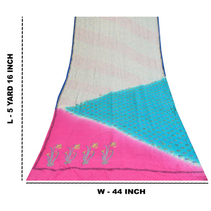 Sanskriti Vintage Sarees Ivory Pure Crepe Silk Printed Sari 5+yd Craft Sustainable Fabric