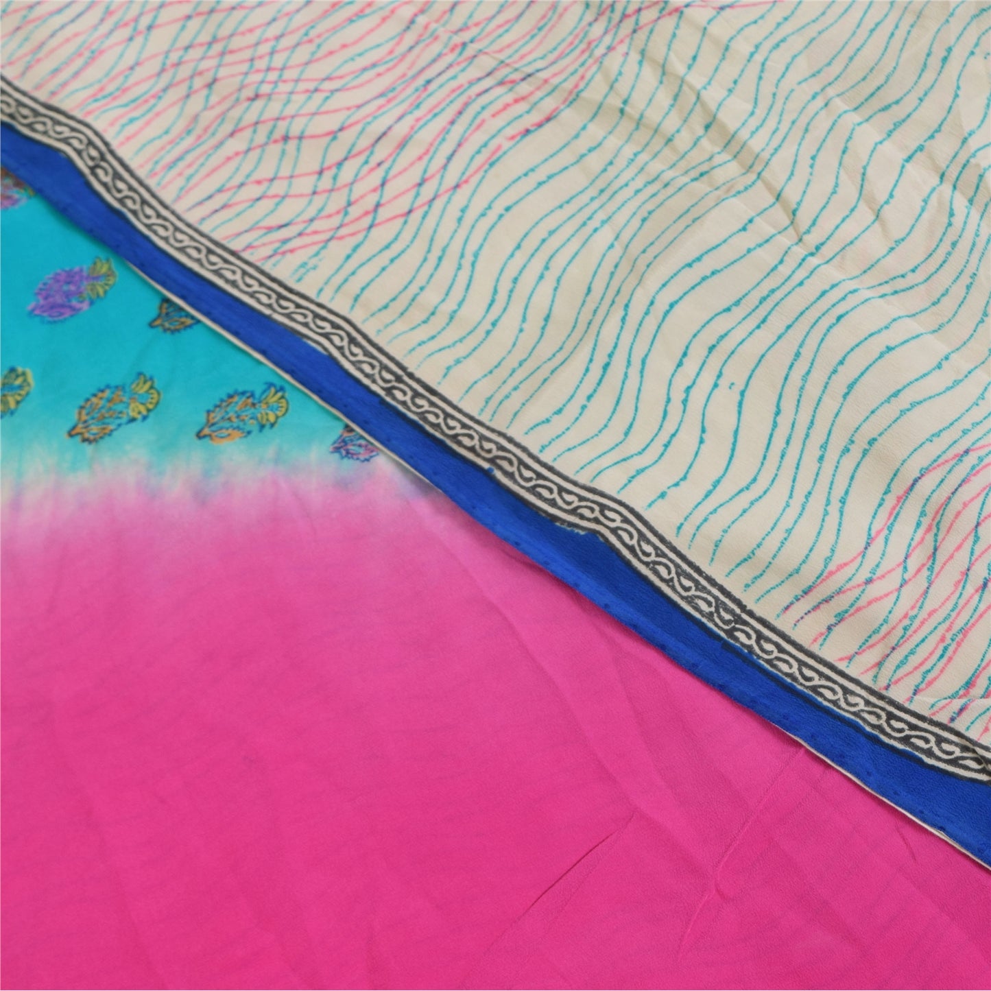 Sanskriti Vintage Sarees Ivory Pure Crepe Silk Printed Sari 5+yd Craft Sustainable Fabric