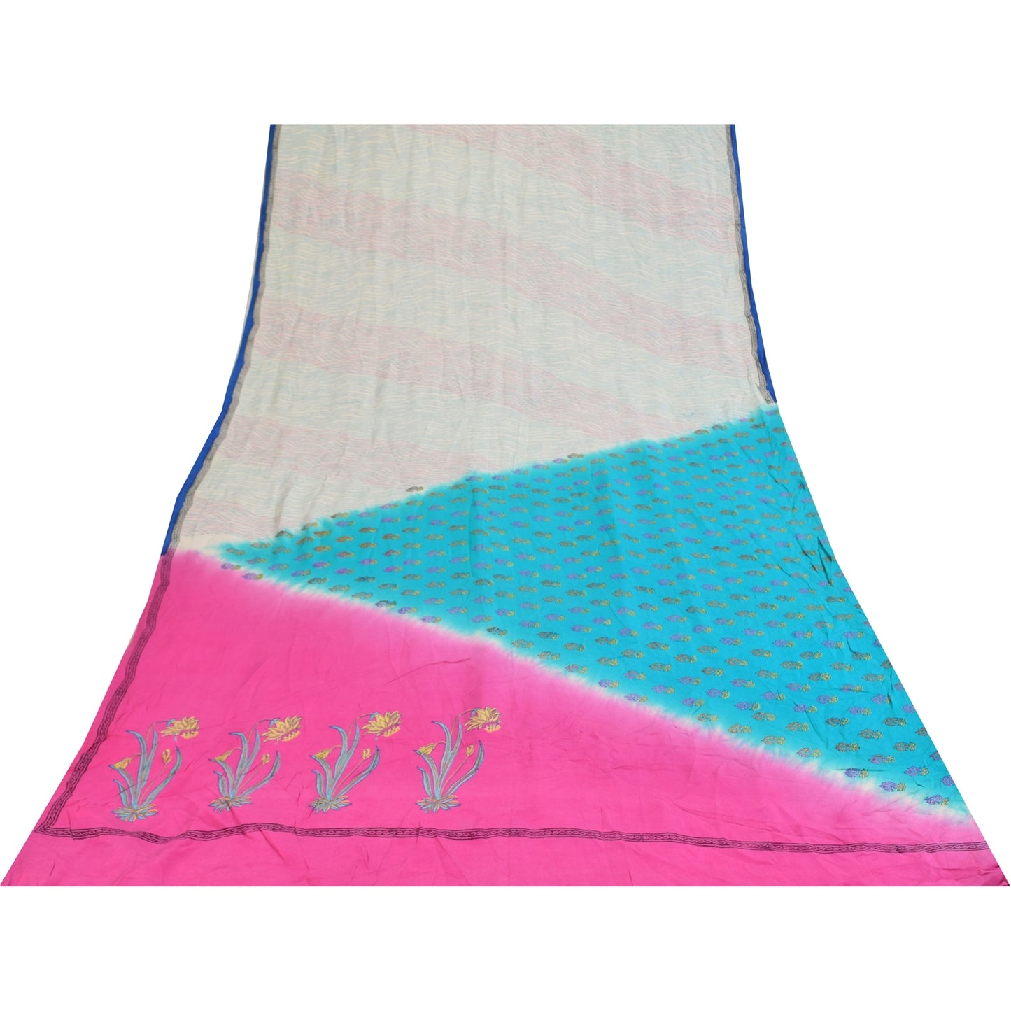 Sanskriti Vintage Sarees Ivory Pure Crepe Silk Printed Sari 5+yd Craft Sustainable Fabric