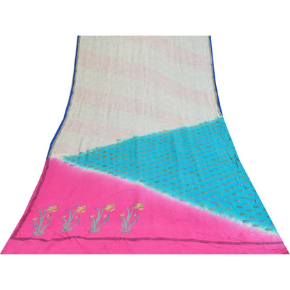 Sanskriti Vintage Sarees Ivory Pure Crepe Silk Printed Sari 5+yd Craft Sustainable Fabric