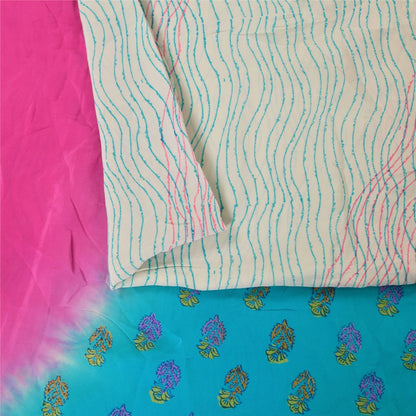 Sanskriti Vintage Sarees Ivory Pure Crepe Silk Printed Sari 5+yd Craft Sustainable Fabric