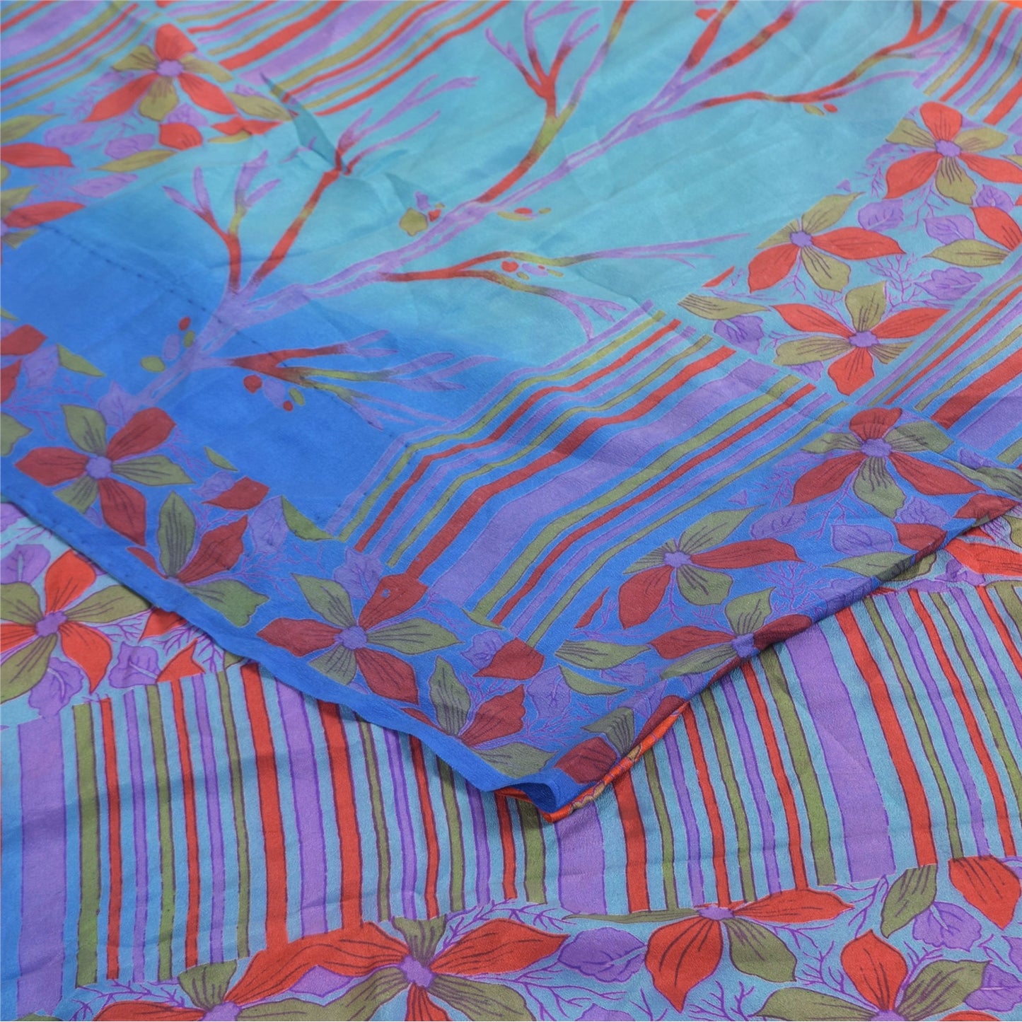 Sanskriti Vintage Sarees Blue & Orange Pure Crepe Silk Printed Sari 5+yd Sustainable Fabric