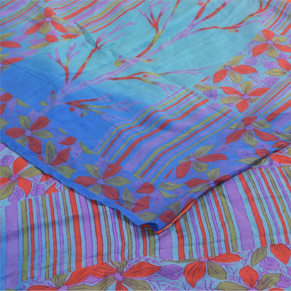 Sanskriti Vintage Sarees Blue & Orange Pure Crepe Silk Printed Sari 5+yd Sustainable Fabric