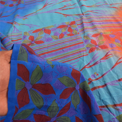 Sanskriti Vintage Sarees Blue & Orange Pure Crepe Silk Printed Sari 5+yd Sustainable Fabric