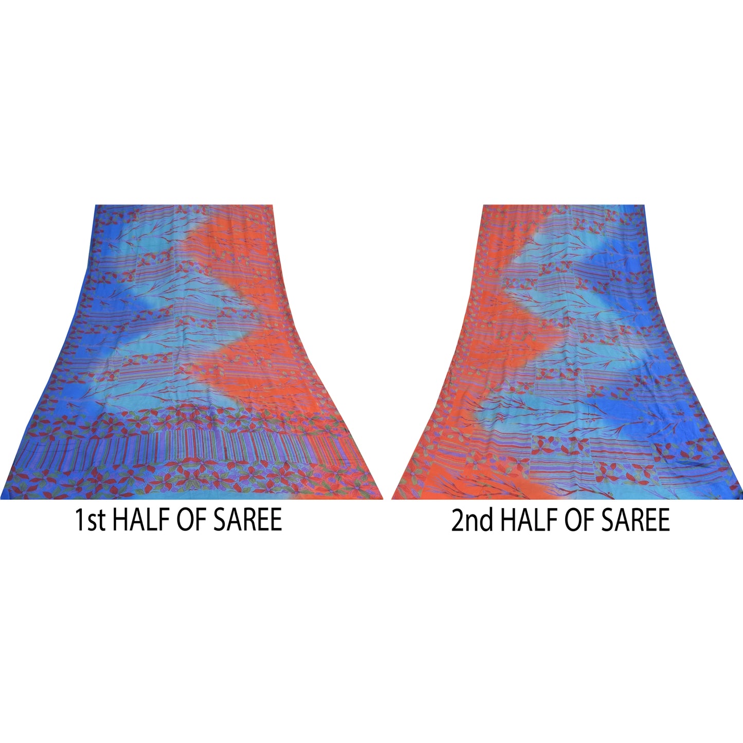 Sanskriti Vintage Sarees Blue & Orange Pure Crepe Silk Printed Sari 5+yd Sustainable Fabric