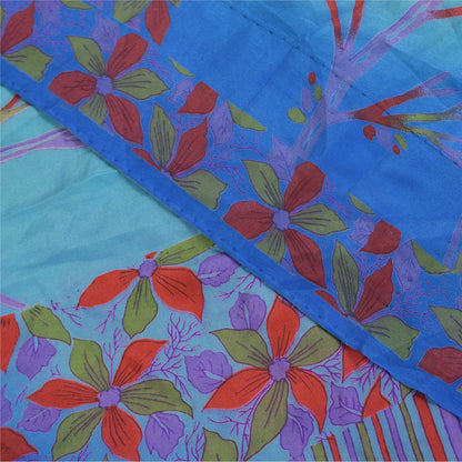 Sanskriti Vintage Sarees Blue & Orange Pure Crepe Silk Printed Sari 5+yd Sustainable Fabric