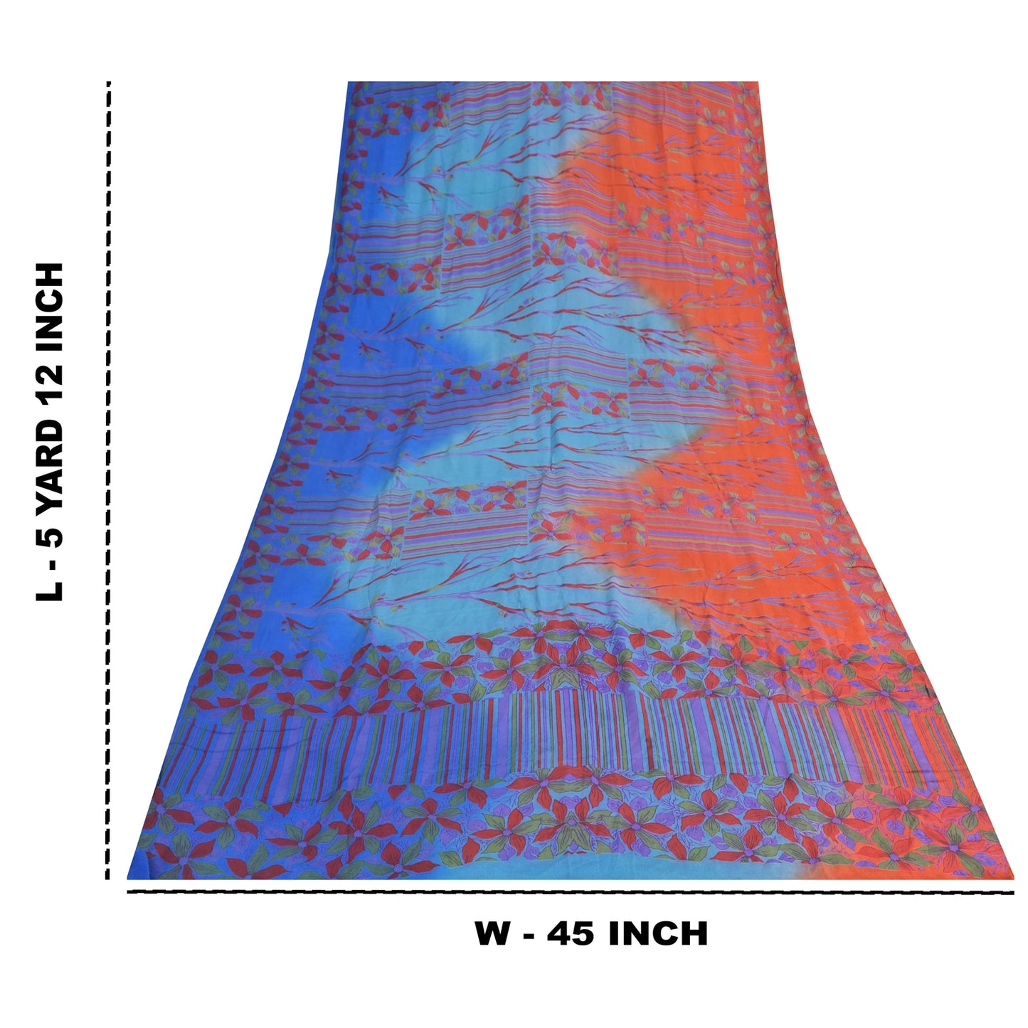 Sanskriti Vintage Sarees Blue & Orange Pure Crepe Silk Printed Sari 5+yd Sustainable Fabric