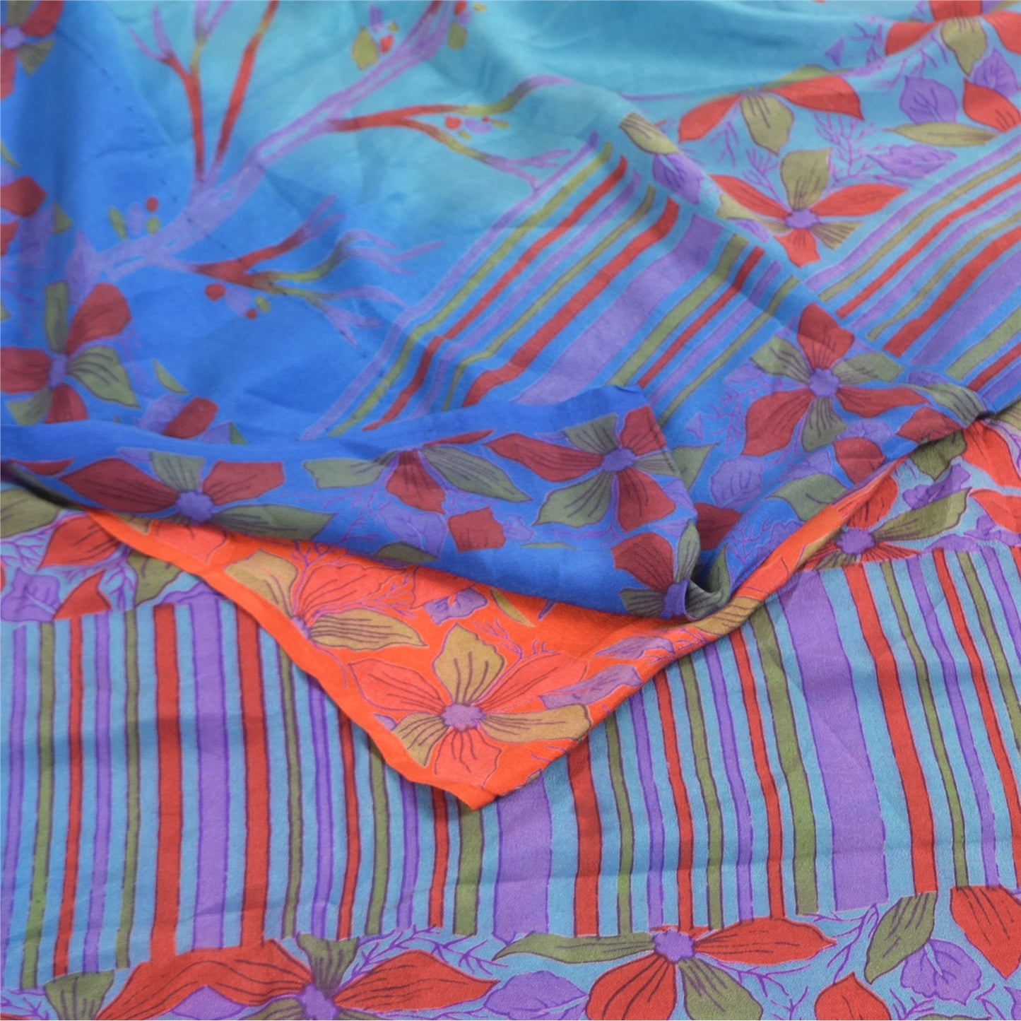 Sanskriti Vintage Sarees Blue & Orange Pure Crepe Silk Printed Sari 5+yd Sustainable Fabric