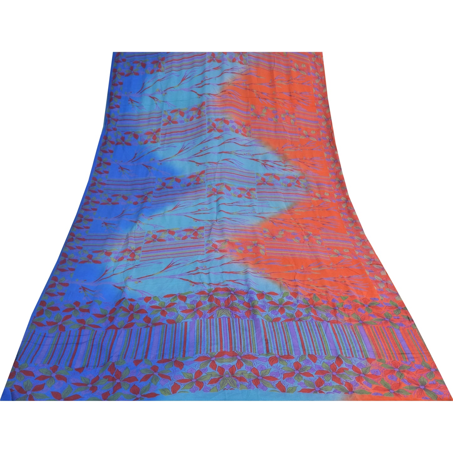 Sanskriti Vintage Sarees Blue & Orange Pure Crepe Silk Printed Sari 5+yd Sustainable Fabric